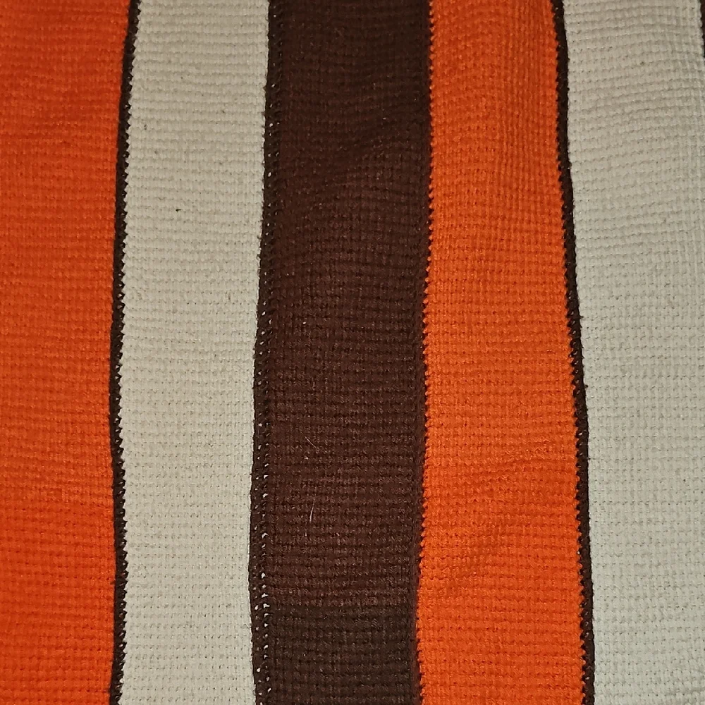VINTAGE 60's Striped Handmade Knit Blanket Orange Brown Cream Throw Home Accent - Picture 3 of 4